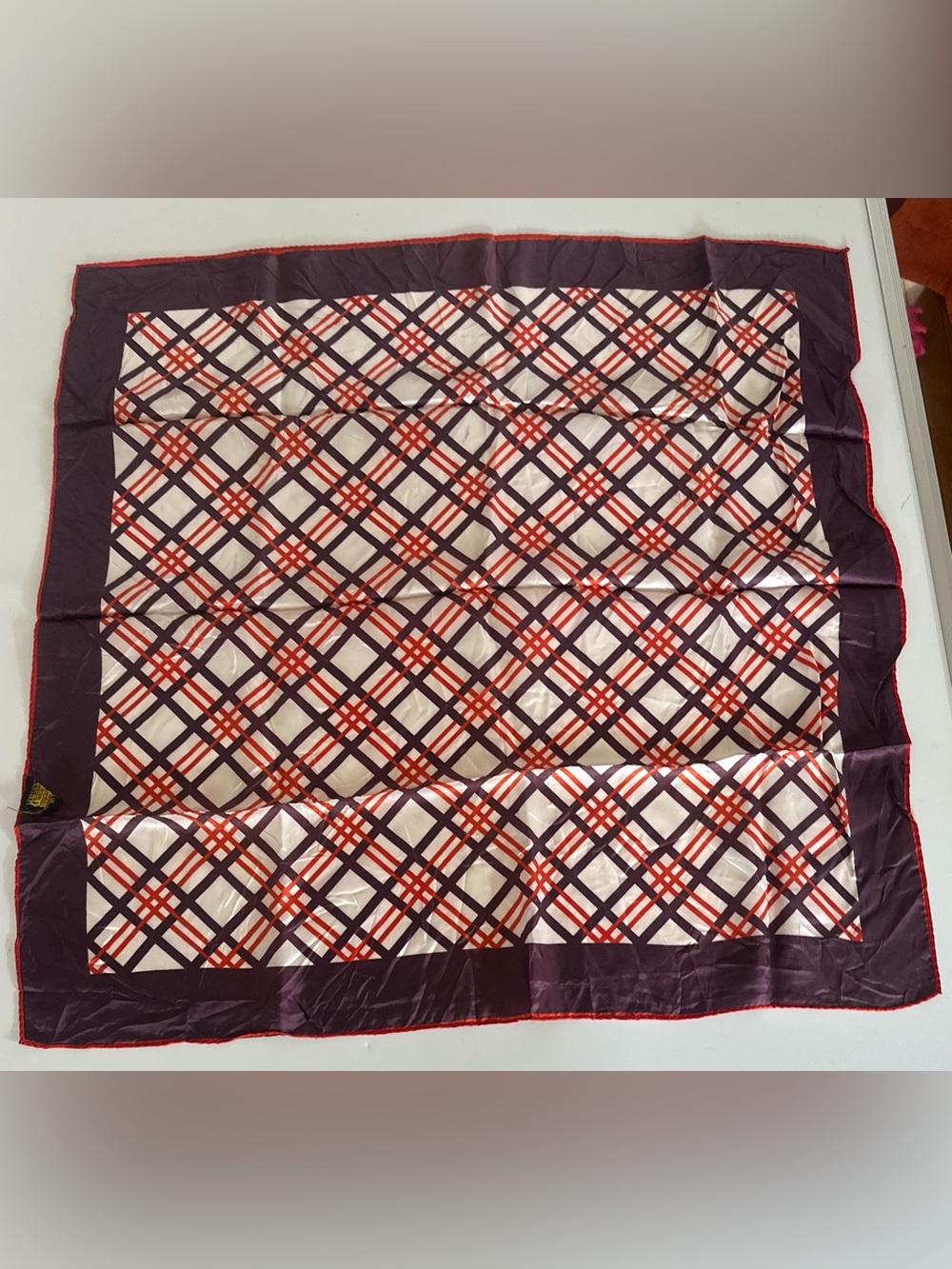 Vtg Exclusive Designs bold geometric red & Navy 27” square silk scarf Elegant.
